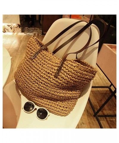 Ladies Handbag Beach Bag Rattan Woven Hand-Woven Straw Large-Capacity Handbag Leather Lady Shoulder Bag Bohemian (Color : Kha...