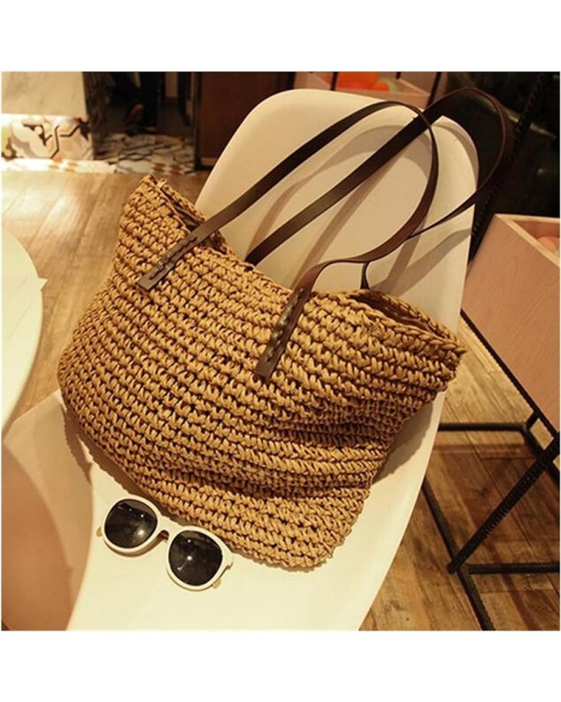 Ladies Handbag Beach Bag Rattan Woven Hand-Woven Straw Large-Capacity Handbag Leather Lady Shoulder Bag Bohemian (Color : Kha...