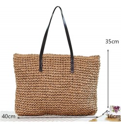 Ladies Handbag Beach Bag Rattan Woven Hand-Woven Straw Large-Capacity Handbag Leather Lady Shoulder Bag Bohemian (Color : Kha...