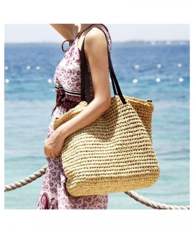 Ladies Handbag Beach Bag Rattan Woven Hand-Woven Straw Large-Capacity Handbag Leather Lady Shoulder Bag Bohemian (Color : Kha...