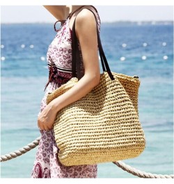 Ladies Handbag Beach Bag Rattan Woven Hand-Woven Straw Large-Capacity Handbag Leather Lady Shoulder Bag Bohemian (Color : Kha...