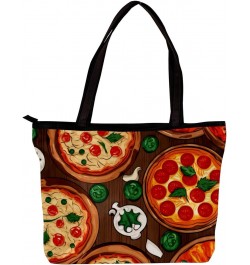 Casual Handbag with Zipper, Canvas Tote Bag for Women, cartoon pattern pizza $13.73 Totes