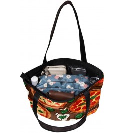 Casual Handbag with Zipper, Canvas Tote Bag for Women, cartoon pattern pizza $13.73 Totes