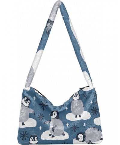 Cute Penguins Snowflakes Furry Tote Bag for Women Crossbody Bag Tote Handbags Casual Handbag with Zipper for Work Shopping $9...