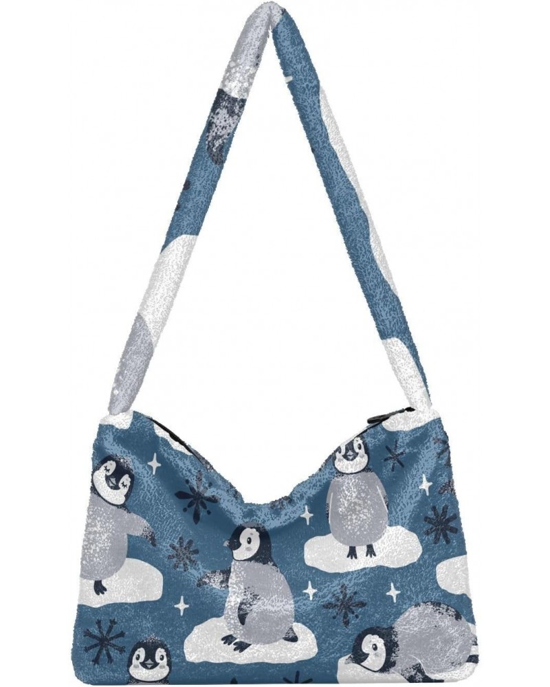 Cute Penguins Snowflakes Furry Tote Bag for Women Crossbody Bag Tote Handbags Casual Handbag with Zipper for Work Shopping $9...