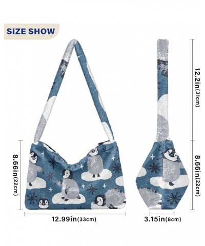 Cute Penguins Snowflakes Furry Tote Bag for Women Crossbody Bag Tote Handbags Casual Handbag with Zipper for Work Shopping $9...