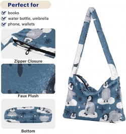 Cute Penguins Snowflakes Furry Tote Bag for Women Crossbody Bag Tote Handbags Casual Handbag with Zipper for Work Shopping $9...