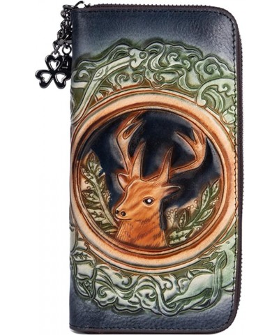 Women's Retro Deer Head Long Wallet Genuine Leather Embossing Clutch Multi Pocket Card Holder Large Capacity Purses Blue $31....