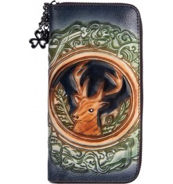 Women's Retro Deer Head Long Wallet Genuine Leather Embossing Clutch Multi Pocket Card Holder Large Capacity Purses Blue $31....