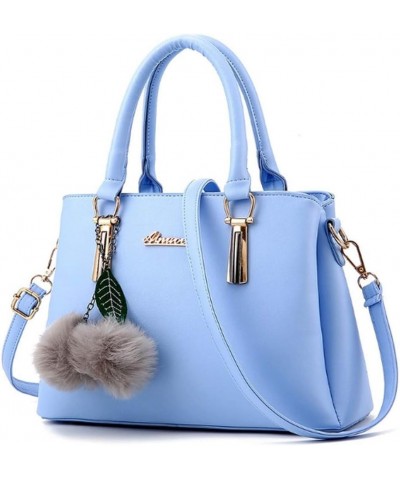 Women's PU Litchi Pattern Hair Ball Leaf Pendant Bag Shoulder Shopping Bag (white) Sky Blue $42.93 Totes