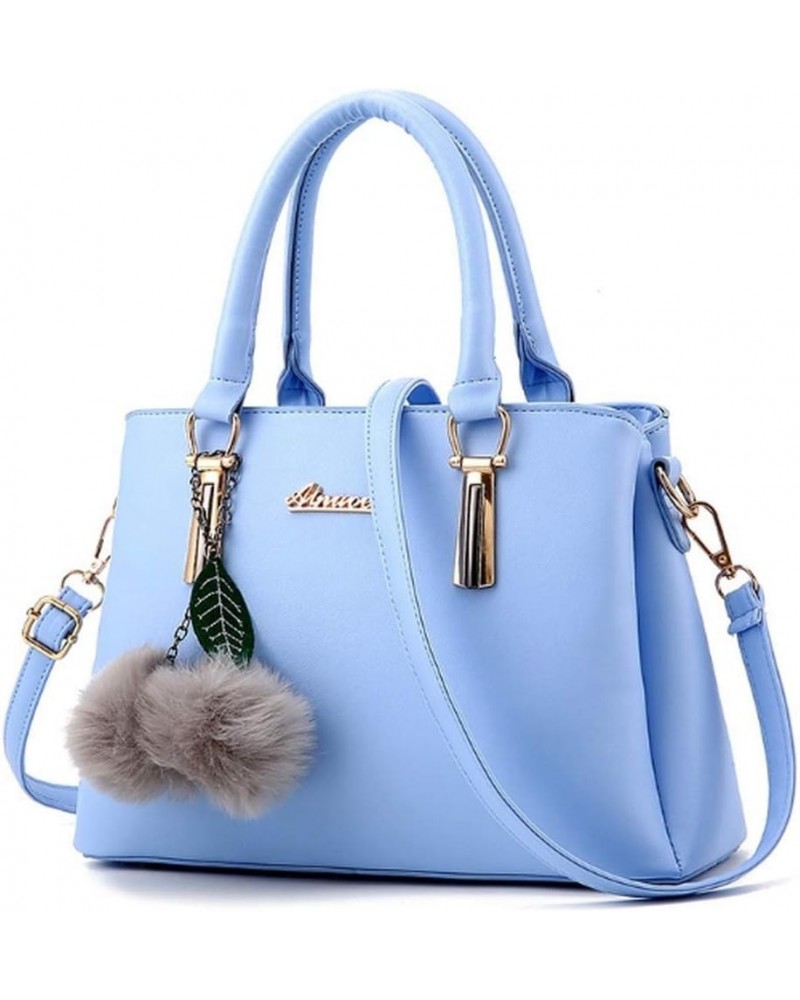 Women's PU Litchi Pattern Hair Ball Leaf Pendant Bag Shoulder Shopping Bag (white) Sky Blue $42.93 Totes