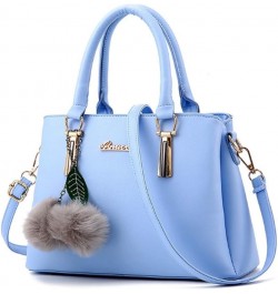 Women's PU Litchi Pattern Hair Ball Leaf Pendant Bag Shoulder Shopping Bag (white) Sky Blue $42.93 Totes