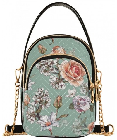 Floral Roses Small Crossbody Handbag for Women Mini Over Shoulder Purse with Three Zippered Pockets Durable Wallet Purses for...