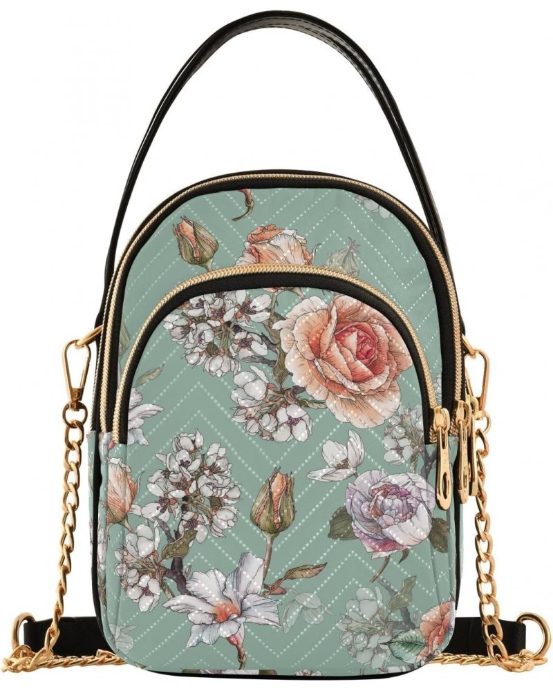 Floral Roses Small Crossbody Handbag for Women Mini Over Shoulder Purse with Three Zippered Pockets Durable Wallet Purses for...