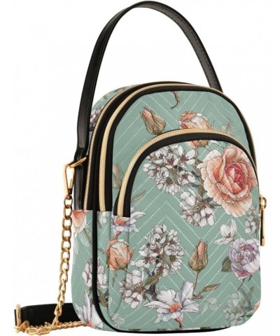 Floral Roses Small Crossbody Handbag for Women Mini Over Shoulder Purse with Three Zippered Pockets Durable Wallet Purses for...