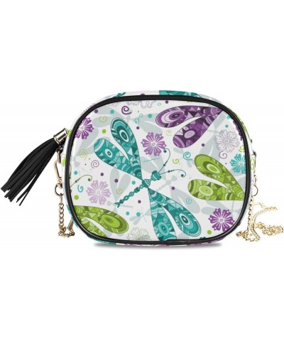 Small Crossbody Bag Doodle Mosaic Colorful Gragonflies Womens Shoulder Chain Bag PU Leather Small Purse With Tassel $13.67 Sh...