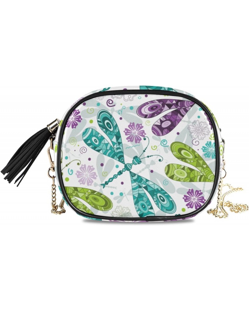 Small Crossbody Bag Doodle Mosaic Colorful Gragonflies Womens Shoulder Chain Bag PU Leather Small Purse With Tassel $13.67 Sh...