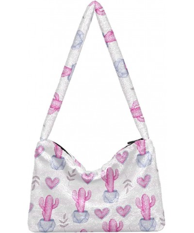 Pink Cactus Pattern Faux Plush Tote Handbags Versatile Underarm Bag Stylish Shuolder Bag for Women $12.09 Totes