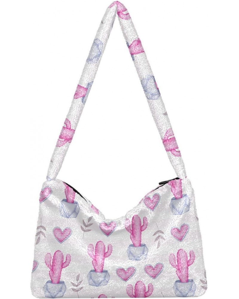 Pink Cactus Pattern Faux Plush Tote Handbags Versatile Underarm Bag Stylish Shuolder Bag for Women $12.09 Totes