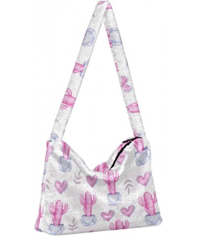 Pink Cactus Pattern Faux Plush Tote Handbags Versatile Underarm Bag Stylish Shuolder Bag for Women $12.09 Totes