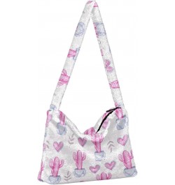 Pink Cactus Pattern Faux Plush Tote Handbags Versatile Underarm Bag Stylish Shuolder Bag for Women $12.09 Totes