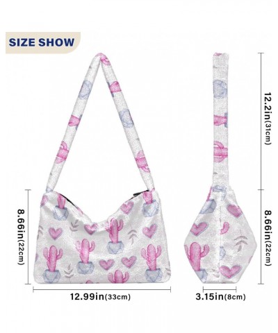 Pink Cactus Pattern Faux Plush Tote Handbags Versatile Underarm Bag Stylish Shuolder Bag for Women $12.09 Totes