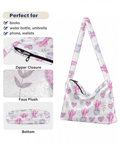 Pink Cactus Pattern Faux Plush Tote Handbags Versatile Underarm Bag Stylish Shuolder Bag for Women $12.09 Totes