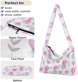 Pink Cactus Pattern Faux Plush Tote Handbags Versatile Underarm Bag Stylish Shuolder Bag for Women $12.09 Totes