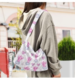 Pink Cactus Pattern Faux Plush Tote Handbags Versatile Underarm Bag Stylish Shuolder Bag for Women $12.09 Totes