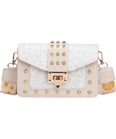 Korean Style Fashionable Sequined Personalized Rivet Wide Shoulder Strap Crossbody Small Square Bag For Women White $9.80 Sho...