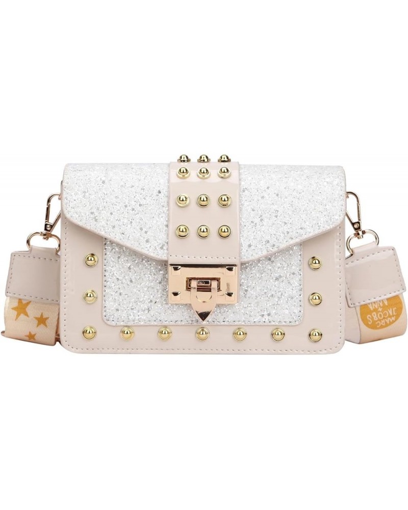 Korean Style Fashionable Sequined Personalized Rivet Wide Shoulder Strap Crossbody Small Square Bag For Women White $9.80 Sho...