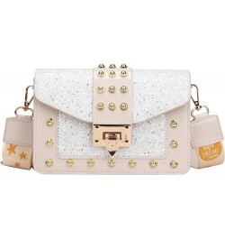 Korean Style Fashionable Sequined Personalized Rivet Wide Shoulder Strap Crossbody Small Square Bag For Women White $9.80 Sho...