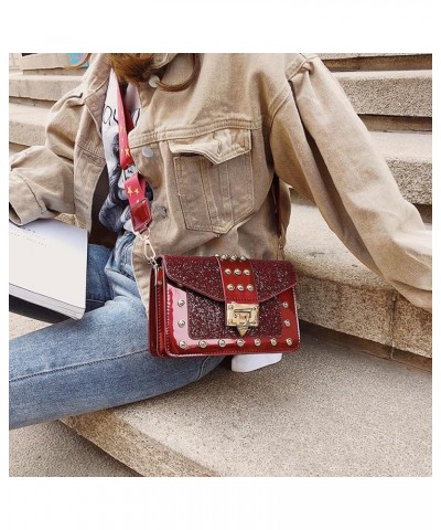 Korean Style Fashionable Sequined Personalized Rivet Wide Shoulder Strap Crossbody Small Square Bag For Women White $9.80 Sho...