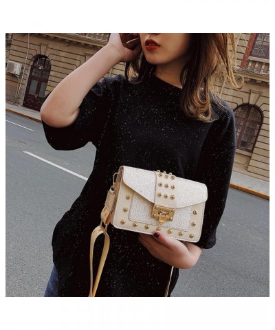 Korean Style Fashionable Sequined Personalized Rivet Wide Shoulder Strap Crossbody Small Square Bag For Women White $9.80 Sho...