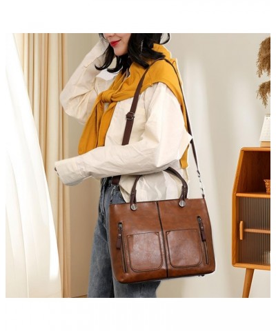 Ladies Vintage Leather Shoulder Bag,Vintage Leather Purse Shoulder Faux Leather Purse Work Bags with Multi-Pockets Handbag Br...