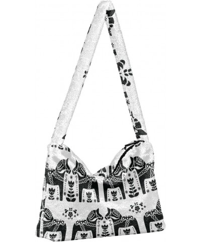 Women Boho Handbag Sweden Dala Horse Flower Black White Underarm Bag Tote Bag Shoulder Bag Crossbody Bag Fluffy Cell Phone Pu...