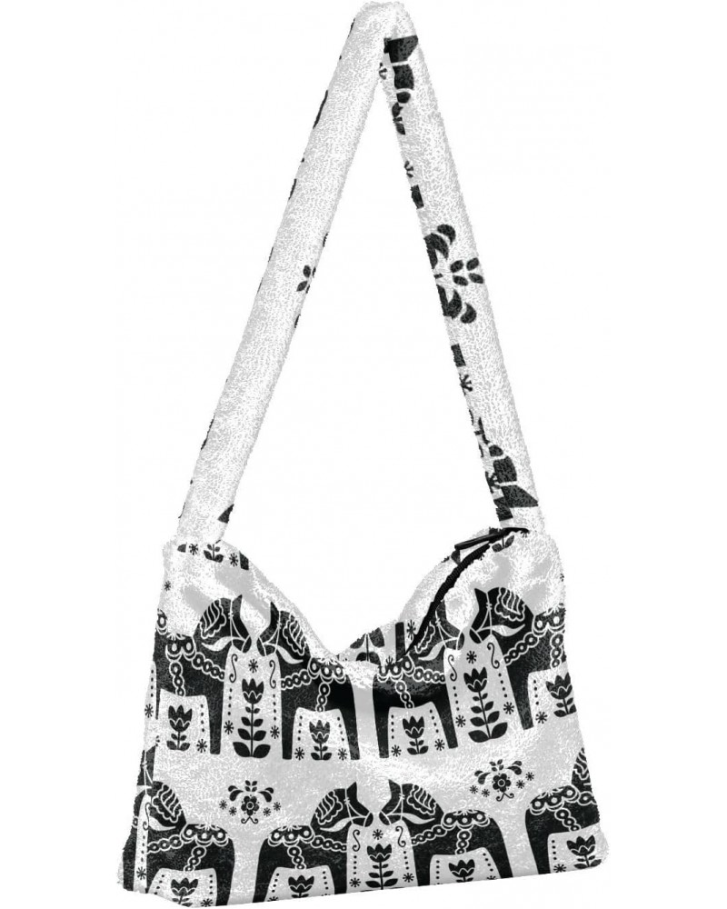 Women Boho Handbag Sweden Dala Horse Flower Black White Underarm Bag Tote Bag Shoulder Bag Crossbody Bag Fluffy Cell Phone Pu...