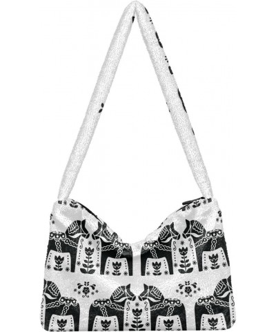 Women Boho Handbag Sweden Dala Horse Flower Black White Underarm Bag Tote Bag Shoulder Bag Crossbody Bag Fluffy Cell Phone Pu...