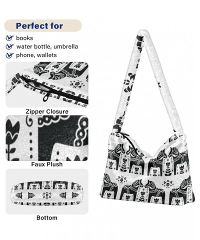 Women Boho Handbag Sweden Dala Horse Flower Black White Underarm Bag Tote Bag Shoulder Bag Crossbody Bag Fluffy Cell Phone Pu...