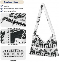 Women Boho Handbag Sweden Dala Horse Flower Black White Underarm Bag Tote Bag Shoulder Bag Crossbody Bag Fluffy Cell Phone Pu...