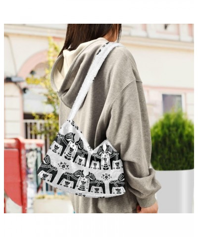 Women Boho Handbag Sweden Dala Horse Flower Black White Underarm Bag Tote Bag Shoulder Bag Crossbody Bag Fluffy Cell Phone Pu...