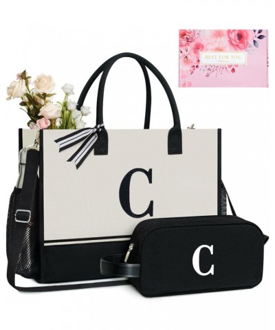 Personalized Initial Tote Bag with 5 Pockets, Top Zipper Closure, Birthday Gift Set for Women, Mom, Teachers Black & White Le...