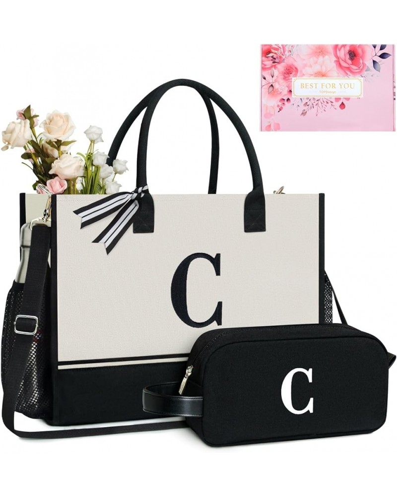 Personalized Initial Tote Bag with 5 Pockets, Top Zipper Closure, Birthday Gift Set for Women, Mom, Teachers Black & White Le...