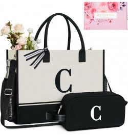 Personalized Initial Tote Bag with 5 Pockets, Top Zipper Closure, Birthday Gift Set for Women, Mom, Teachers Black & White Le...