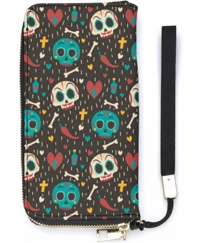 Skull Cute Pattern Zip Coin Pocket Leather Wallet Vertical Long Wallet for Men Woman With Credit Card Holder $17.52 Wallets