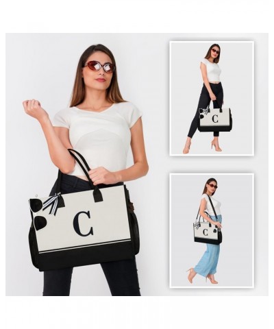 Personalized Initial Tote Bag with 5 Pockets, Top Zipper Closure, Birthday Gift Set for Women, Mom, Teachers Black & White Le...