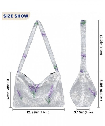 Lavender Flowers Tote Handbags for Women Ultra Soft Fluffy Shoulder Bag with Zipper Fashion Durable Furry Purse for Concert P...