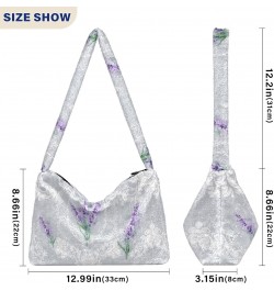 Lavender Flowers Tote Handbags for Women Ultra Soft Fluffy Shoulder Bag with Zipper Fashion Durable Furry Purse for Concert P...