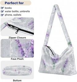 Lavender Flowers Tote Handbags for Women Ultra Soft Fluffy Shoulder Bag with Zipper Fashion Durable Furry Purse for Concert P...