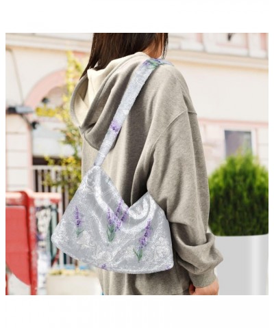 Lavender Flowers Tote Handbags for Women Ultra Soft Fluffy Shoulder Bag with Zipper Fashion Durable Furry Purse for Concert P...